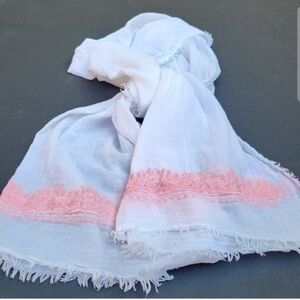 Betsey Johnson Scarf Wrap 100% Cotton Floral White with Pink Embroidery